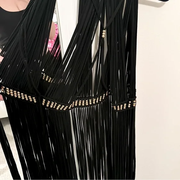 Black Fringe Maxi Cover Up One Size Halter Sheer Beach Dress Gold Waist Detail - Picture 13 of 14